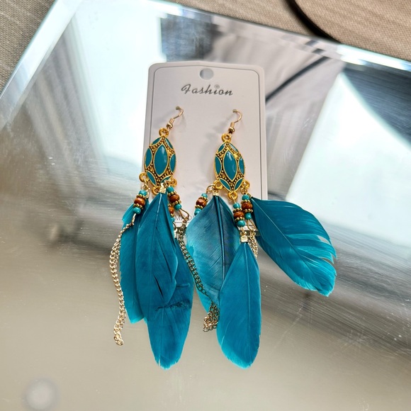 Jewelry - Gold Earring with Feather Blue